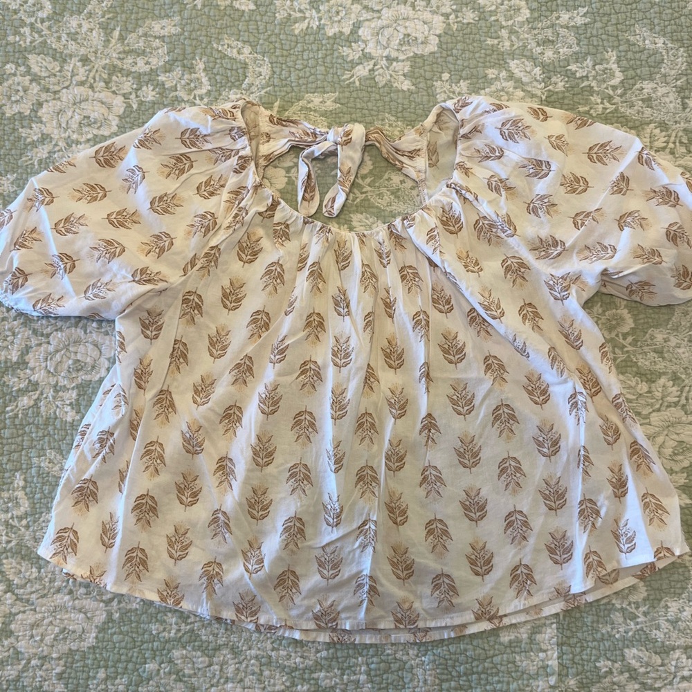 Old Navy Cream and Brown Leaf Print Top
